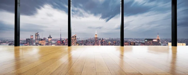 Wooden Floor Cityscape Out Window — Stock Photo, Image