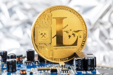 Gümüş Litecoin Cryptocurrency dijital Bit sikke Btc para birimi teknoloji iş Internet kavramı.