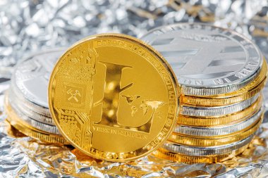 Gümüş Litecoin Cryptocurrency dijital Bit sikke Btc para birimi teknoloji iş Internet kavramı.