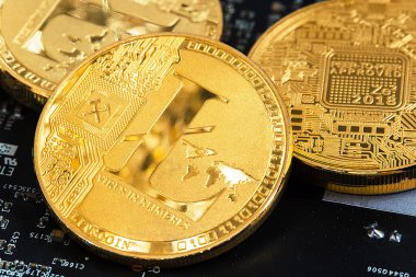 Gümüş Litecoin Cryptocurrency dijital Bit sikke Btc para birimi teknoloji iş Internet kavramı.