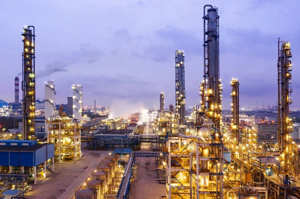 Petrolio Gas Industriali Impianto Raffinazione Del Petrolio Forma Industria Notte — Foto Stock