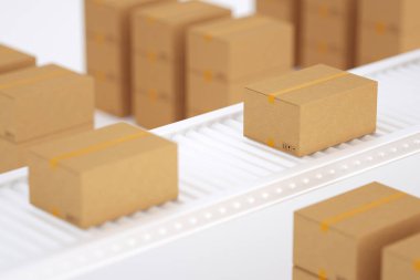 Birçok karton kutular ile konveyör. Paketi teslim kavramı. 3D render illüstrasyon