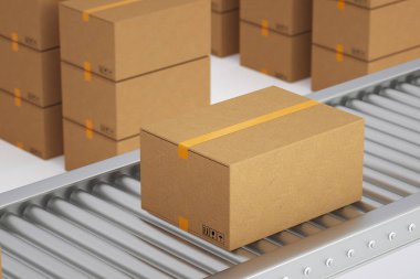 Birçok karton kutular ile konveyör. Paketi teslim kavramı. 3D render illüstrasyon
