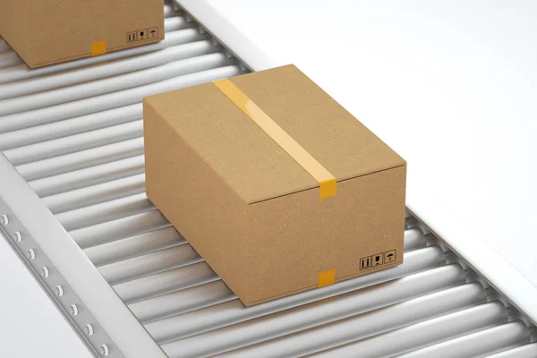 Conveyor with many cardboard boxes. Package delivery concept. 3D rendered illustration
