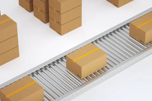 Conveyor Dengan Banyak Kotak Kardus Konsep Pengiriman Paket Gambar Bergambar — Stok Foto