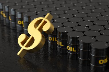 dolar sembolü ile petrol varil, 3d render