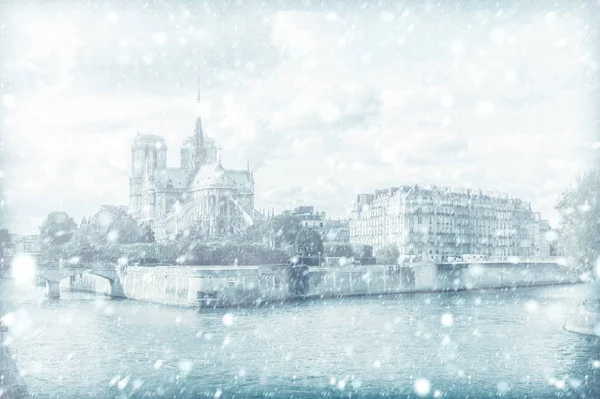 Vista Notre Dame Paris Com Neve França — Fotografia de Stock