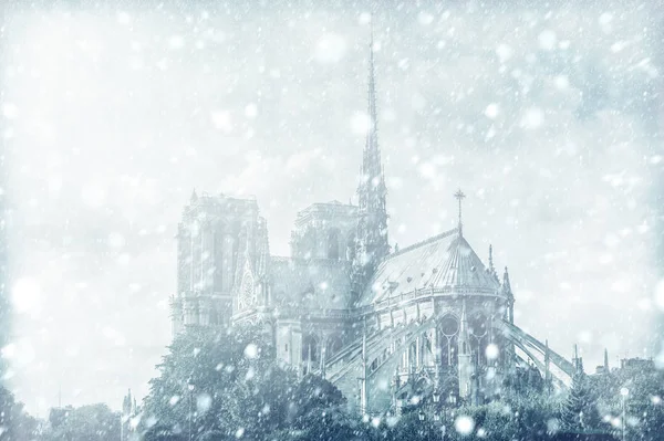 Veduta Notre Dame Paris Francia Con Neve — Foto Stock