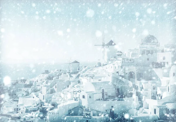 观景房 圣托里尼与雪 — 图库照片