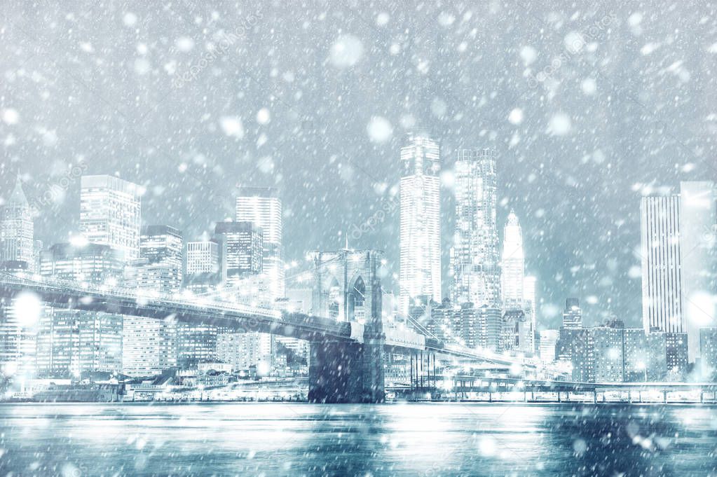 View of New york skyline with snow, USA