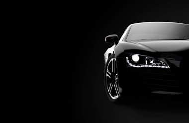 Karanlık bir arka plan üzerine bir genel ve brandless modern siyah araba önden görünümü. 3D çizim