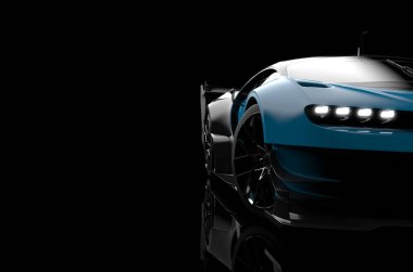 Karanlık bir arka plan, 3d çizim üzerinde genel ve brandless modern araba önden görünümü