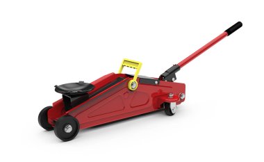 Beyaz arka plan üzerinde 3d illüstrasyon izole kırmızı kapalı hidrolik zemin jack