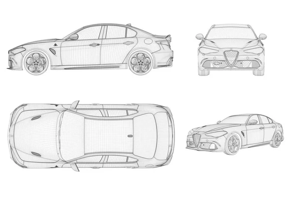 Wireframe Generieke Brandless Auto Volgens Vier Illustratie — Stockfoto