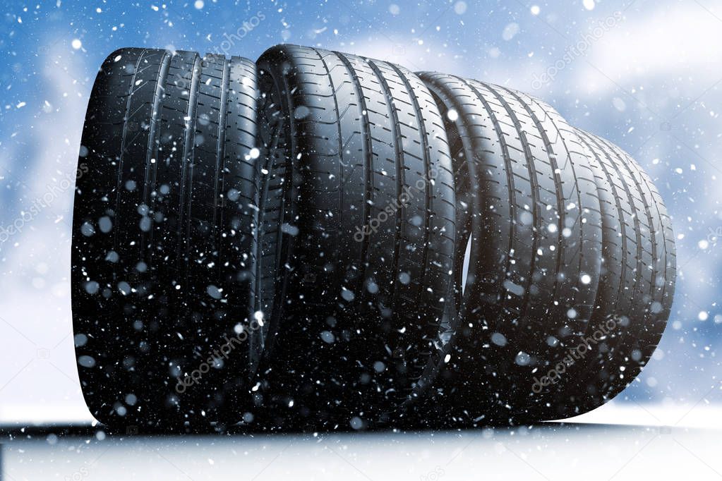 Four car tires rolling on a snow covered road, 3d illustration