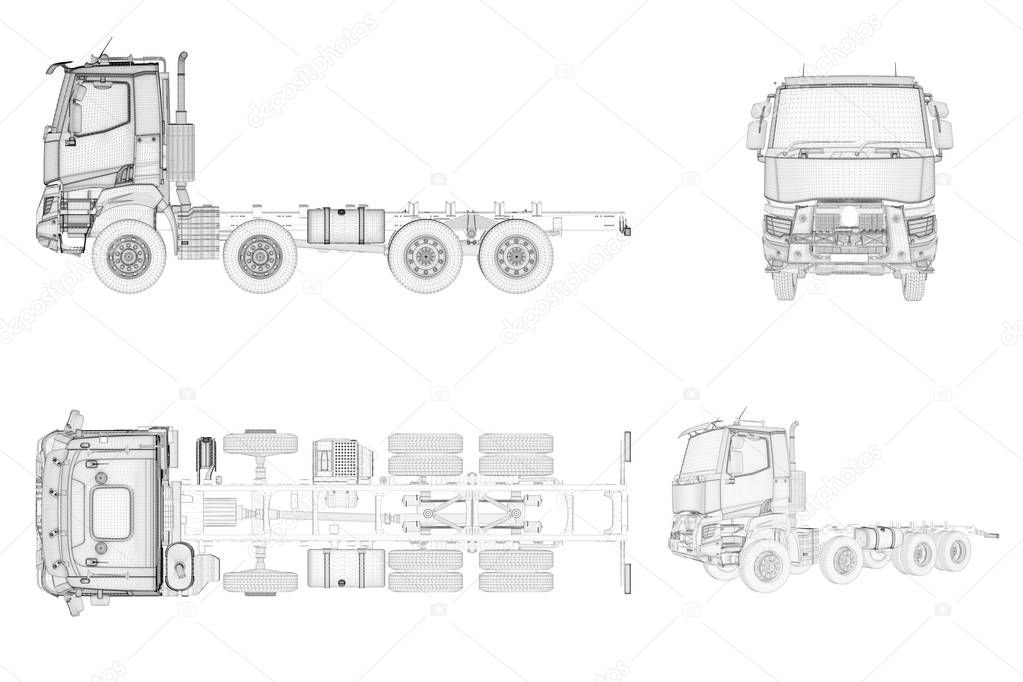 Wireframe generic and brandless truck in four view, 3D illustration