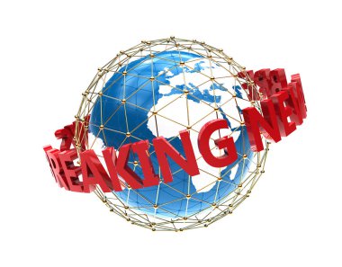 Beyaz bir arka plan üzerinde büyük gezegenin etrafında son dakika haberi: 3d çizim