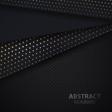 Siyah kağıt katmanları, altın yarı ton ve delikli metal ile Soyut 3d koyu arka plan. Grafik tasarım öğesi. Minimal tasarım - Vektör