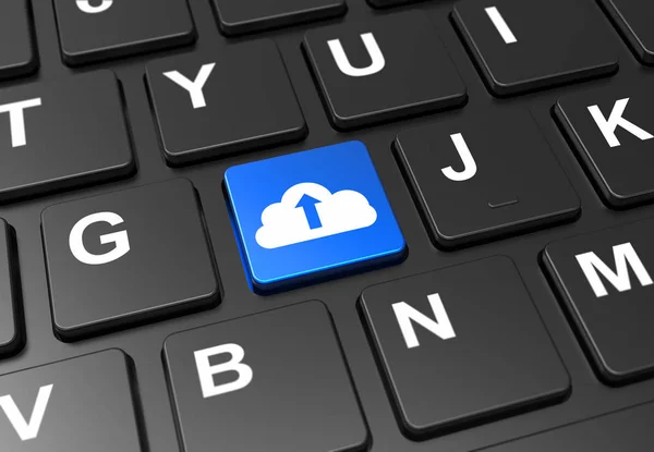 Närbild blå knapp med Cloud upload logga in svart tangentbord — Stockfoto