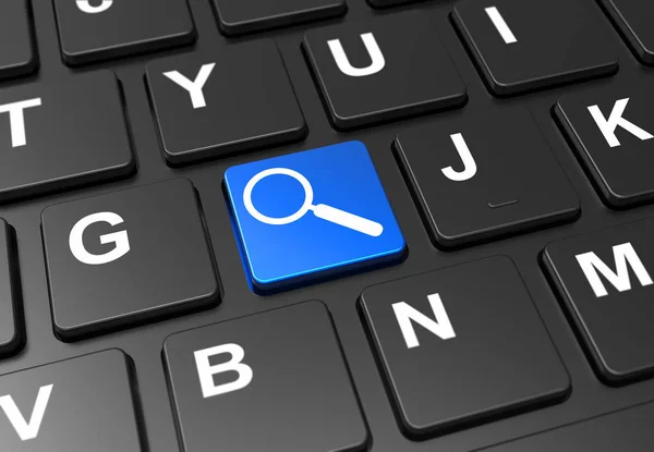 Close up blue button with magnifying glass sign on black keyboard — Stock Photo, Image