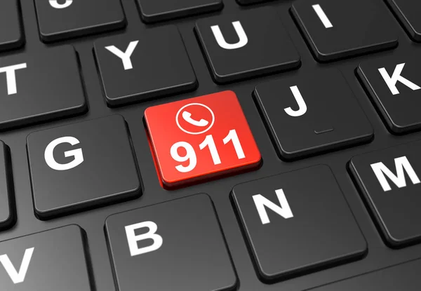 Bouton rouge avec panneau d'urgence 911 sur clavier noir — Photo