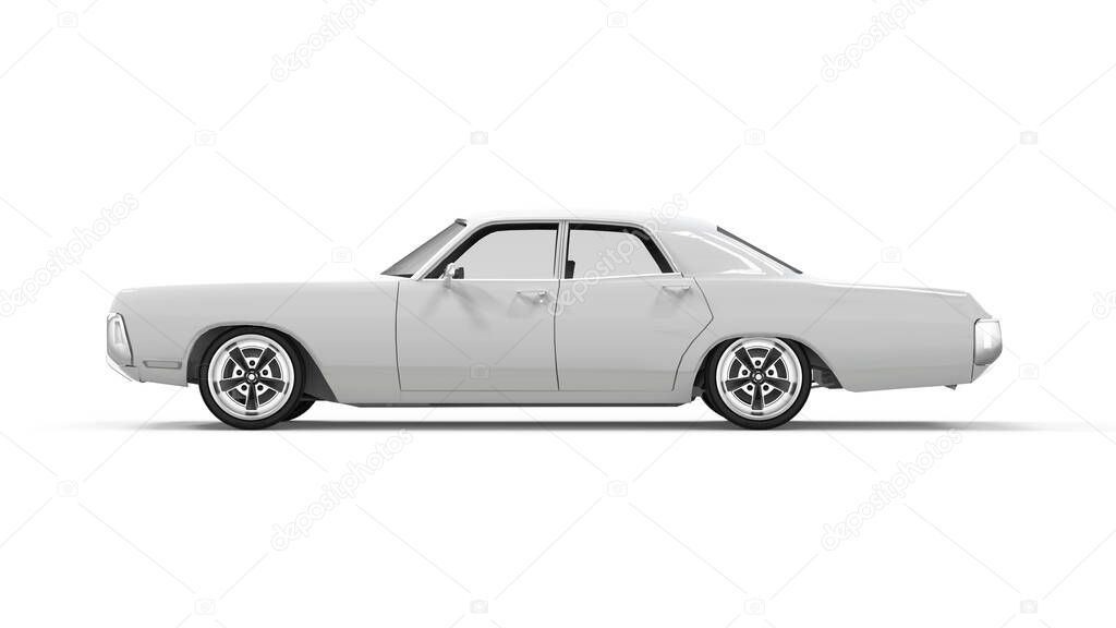 Lateral view of a generic unbranded old car, 3D illustration