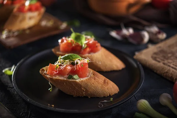 Italian Bruschetta Dark Background — Stock Photo, Image