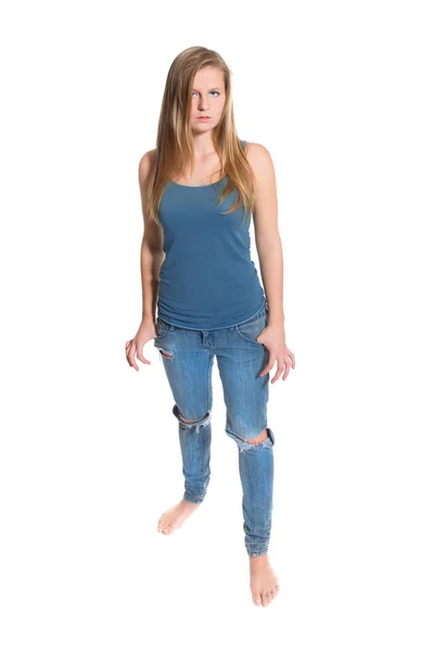 Ganzes Porträt Eines Schönen Mädchens Mit Blauen Jeans Und Oberteil — Stockfoto