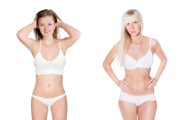 Duas Mulheres Loiras Atraentes Usando Sutiã Branco Calcinha Isoladas Frente — Fotografia de Stock