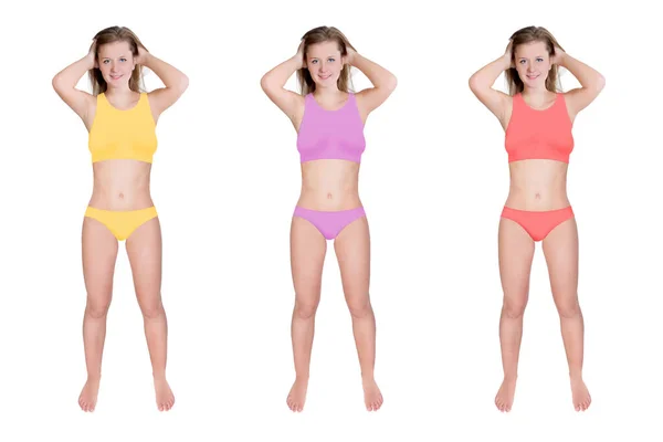 Hermosa Mujer Joven Con Diferentes Bikinis Colores Tres Retratos Cuerpo — Foto de Stock