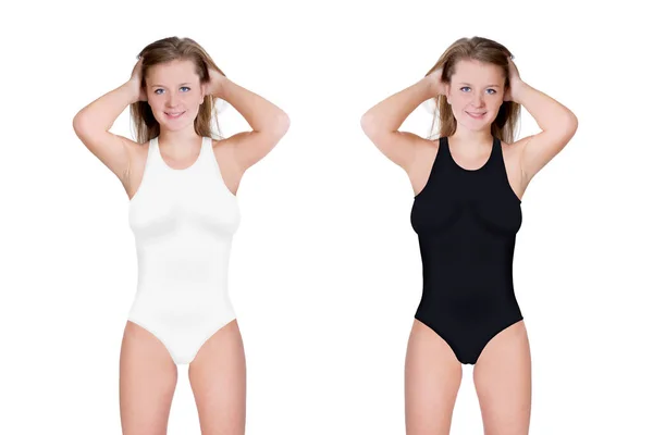 Two Beautiful Young Woman Wearing Swimsuits Isolated Front White Background — Stock Photo, Image