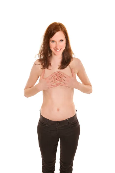 Atractiva Joven Mujer Topless Cubriéndose Los Pechos Con Las Manos — Foto de Stock