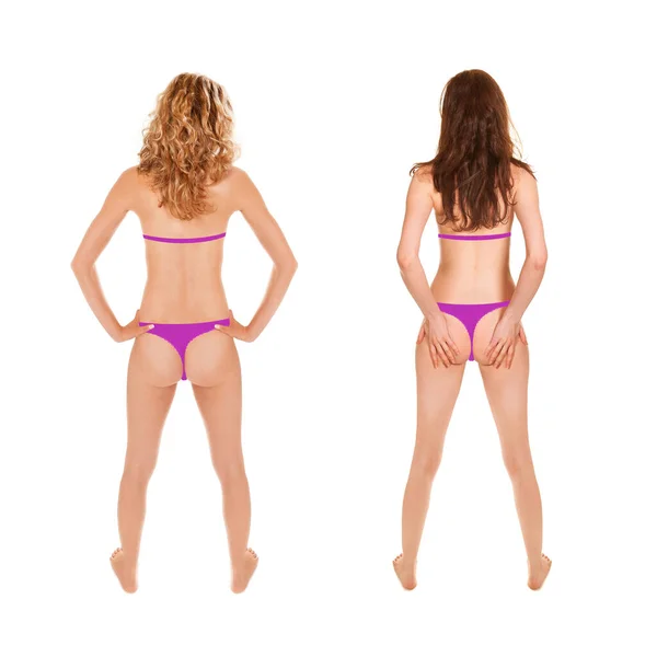 Rear View Two Beautiful Young Women Wearing Pink Underwear Full — Stock Photo, Image