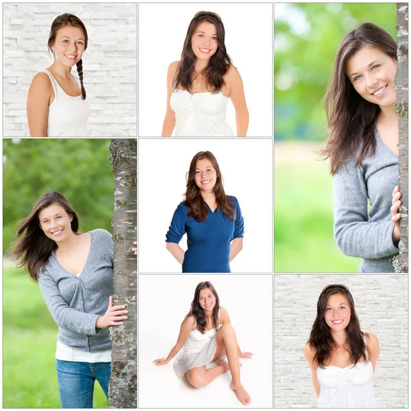 Kolaż Pięknej Młodej Kobiety Długimi Włosami Brunetka Koncepcja Piękna Siedem — Zdjęcie stockowe