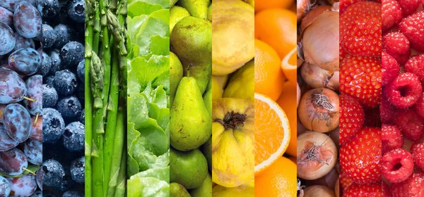 Egészséges Vegán Ételek Gyümölcsök Zöldségek Háttere Tíz Kép Málnáról Eperről — Stock Fotó