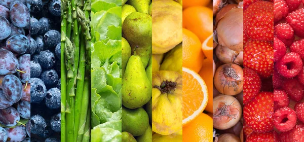 Background of healthy vegan food, fruits and vegetables, ten images of raspberries, strawberries, onions, oranges, quinces, pears, salad, asparagus, blueberries and plums — Stock Image Background Healthy Vegan Food Fruits Vegetables Ten Images Raspberries Strawberries Stock Image