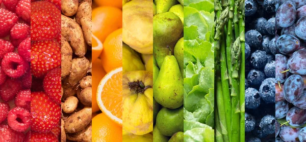 Egészséges Vegán Ételek Gyümölcsök Zöldségek Háttere Tíz Kép Málnáról Szamócáról — Stock Fotó