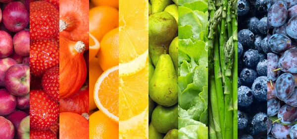 Egészséges Vegán Ételek Gyümölcsök Zöldségek Háttere Tíz Kép Almáról Szamócáról — Stock Fotó