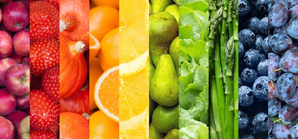 Background of healthy vegan food, fruits and vegetables, ten images of apples, strawberries, pumpkins, oranges, lemons, pears, salad, asparagus, blueberries and plums — Stock Image Background Healthy Vegan Food Fruits Vegetables Ten Images Apples Strawberries Stock Photo