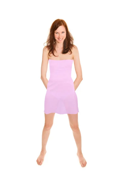 Привлекательная Молодая Женщина Коротком Розовом Летнем Платье Полный Портрет Изолирован — стоковое фото