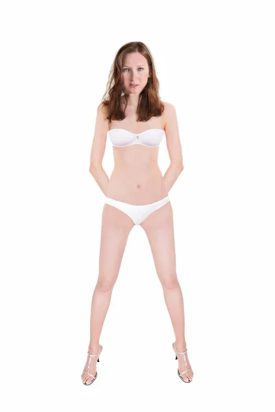 Krásná Brunetka Žena Nosí Bílou Podprsenku Kalhotky Vysoké Podpatky Izolované — Stock fotografie