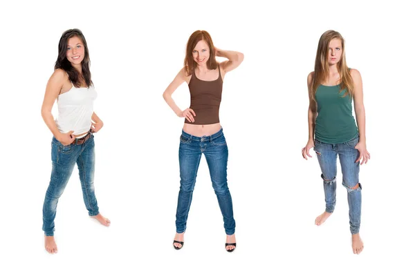 Full Length Portraits Three Beautiful Young Women Wearing Casual Summer — Stock Photo, Image