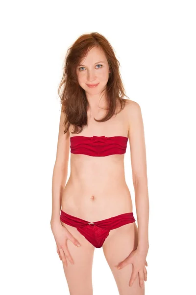 Beautiful Young Woman Wearing Red Bandeau Bra Panties Isolated White — Stock Photo, Image