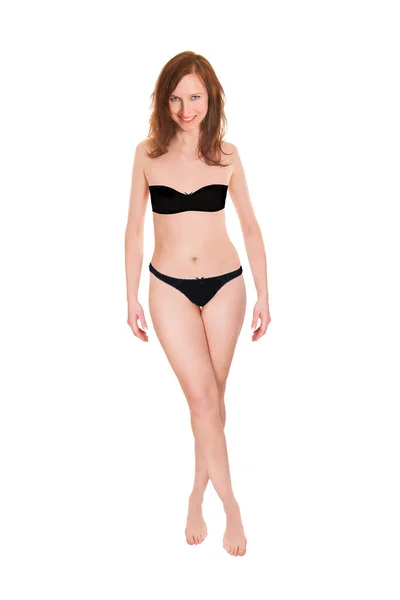 Full Length Portrait Attractive Woman Wearing Black Bra Panties Photo — Stock Photo, Image