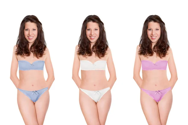 Portraits Attractive Cheerful Woman Wearing Bra Panties Three Different Colors — Stock Photo, Image