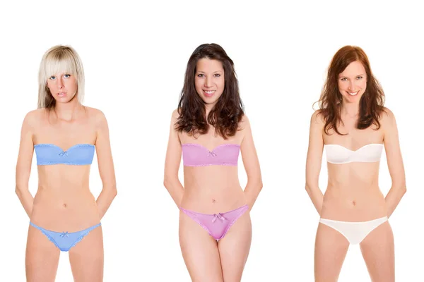 Tres Modelos Atractivos Que Llevan Lencería Diferentes Colores Aislados Frente —  Fotos de Stock