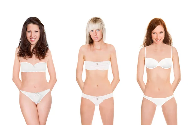 Three Highly Attractive Lingerie Models Isolated Front White Studio Background — Stock Photo, Image