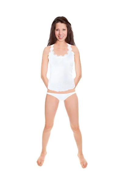 一个穿着衬衫和内裤的迷人而快乐的女人的全长肖像 在白色背景前被隔离的摄影棚照片 — 图库照片