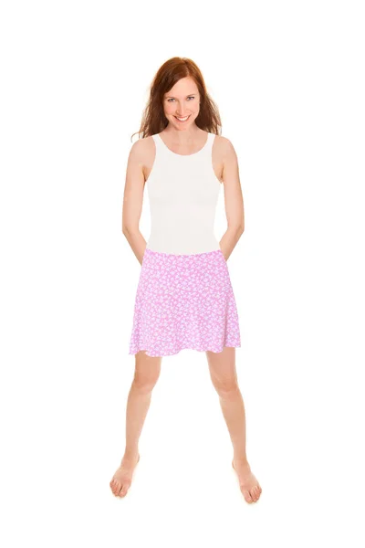 Aantrekkelijke Jonge Brunette Vrouw Draagt Een Witte Top Een Roze — Stockfoto