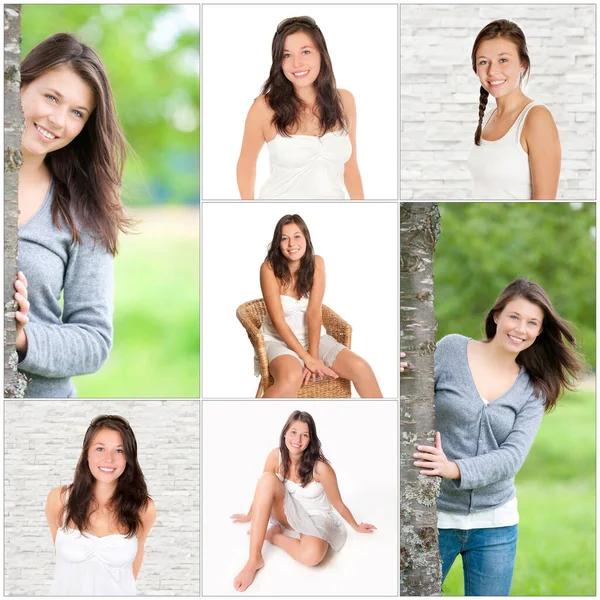 Collage Beautiful Young Woman Blue Eyes Long Brunette Hair Seven — Stock Photo, Image